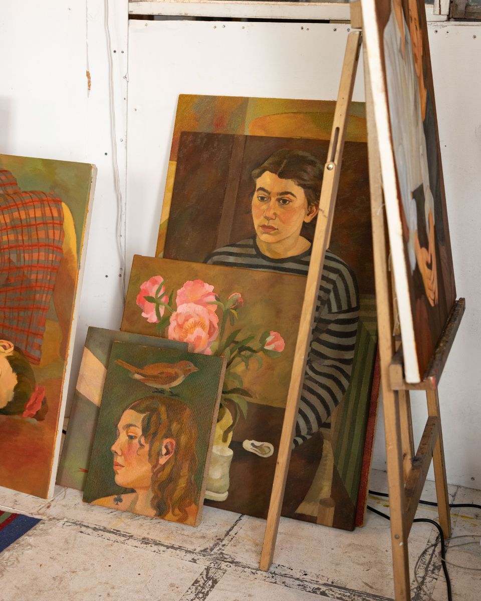 Lily Snowden-Fine unframed canvas paintings in her studio for the Jay Harper, Josefin Tolstoy and Lily Snowden-Fine Collection at Partnership Editions.