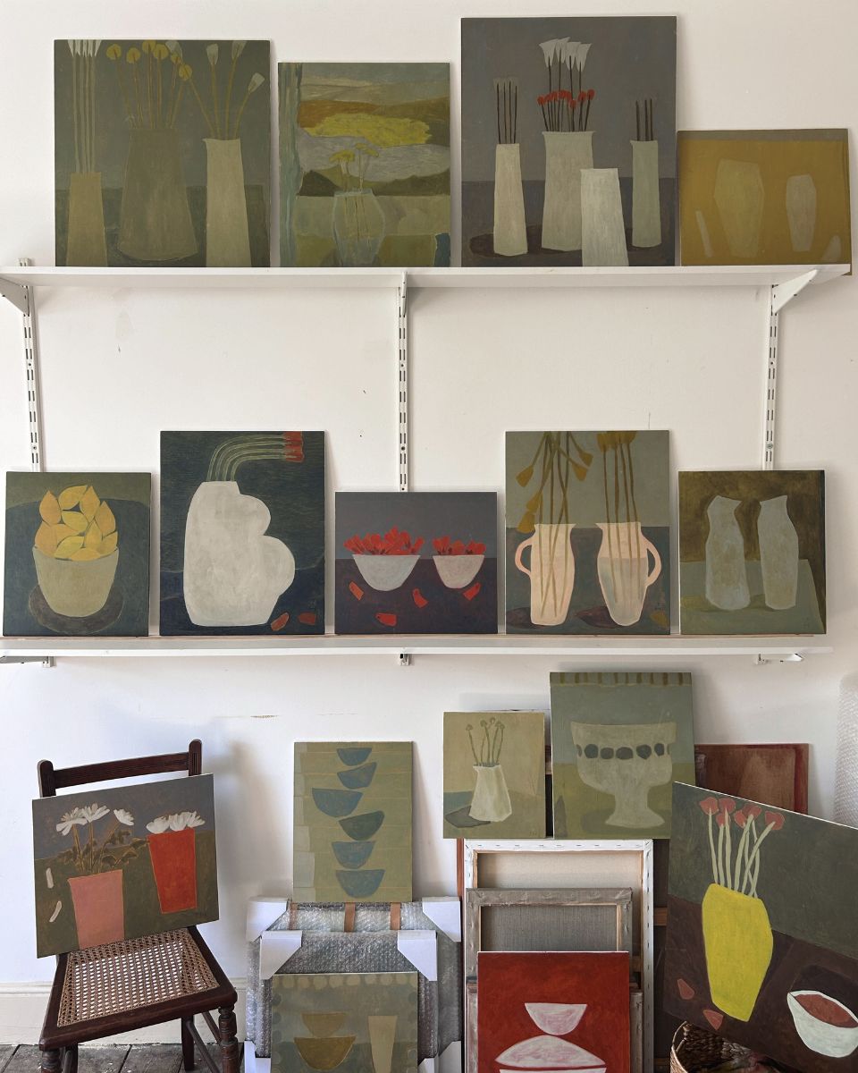 Jay Harper still life oil paintings on wood panels in her studio for the Partnership Editions Artist Collection.