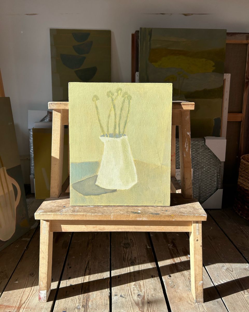 Jay Harper still life oil painting on an easel in studio for the Jay Harper, Josefin Tolstoy and Lily Snowden-Fine Collection.