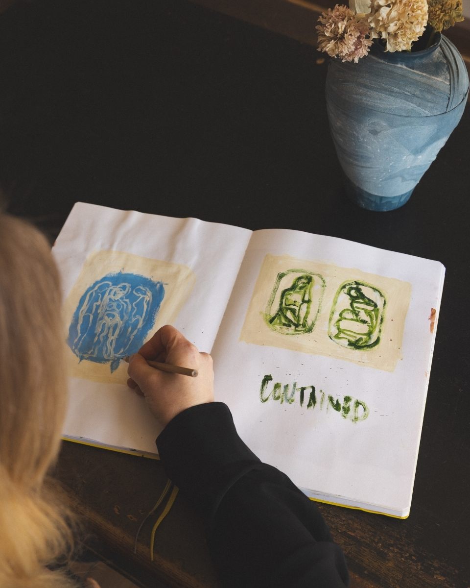 Josefin Tolstoy working in her sketchbook, capturing fluid abstract ideas in her home studio for Partnership Editions.