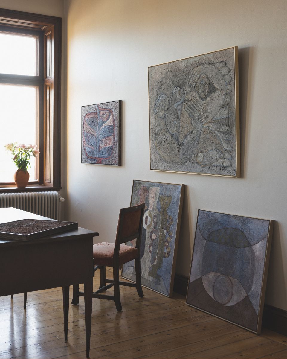Paintings in Josefin Tolstoy studio ready to be mounted for her Solo Online Exhibition ‘Collected Life’ at Partnership Editions.