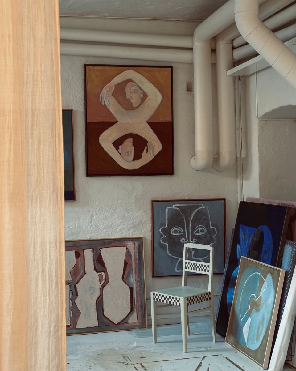 Josefin Tolstoy framed paintings in studio shown mounted and unmounted for the November Drop 2024 at Partnership Editions.