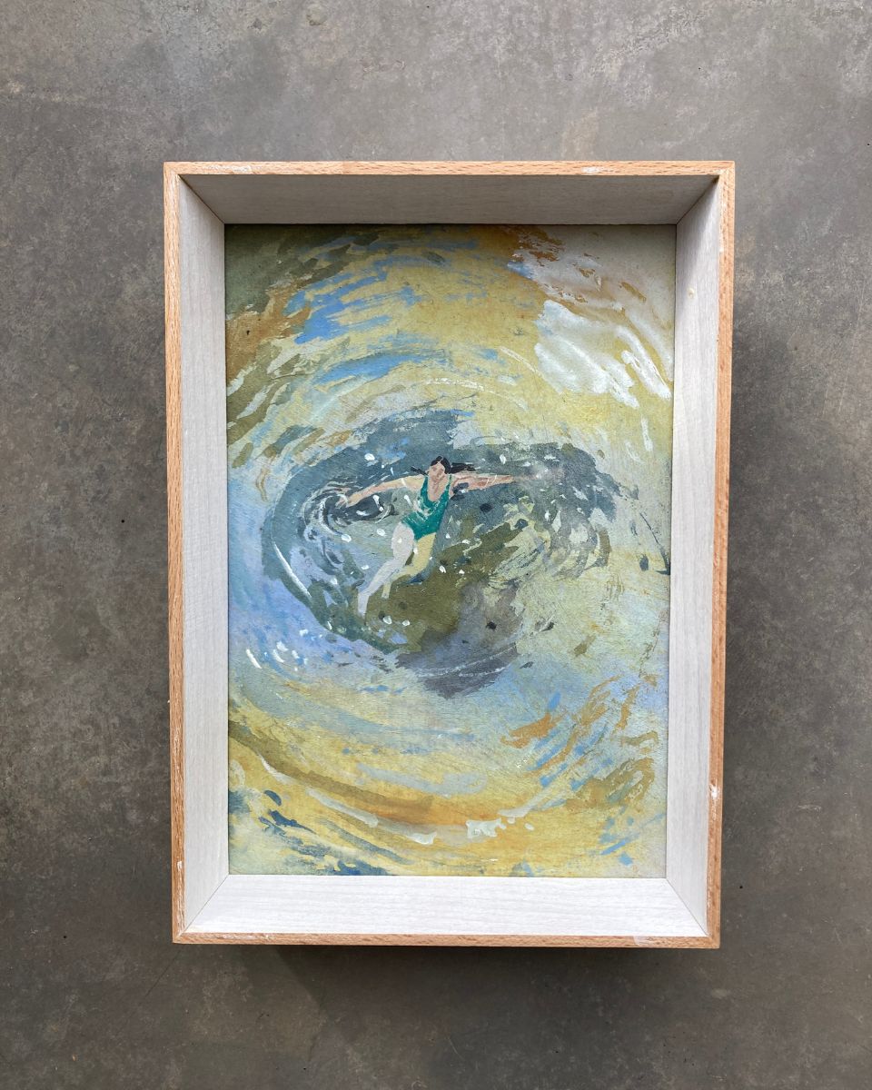 Close-up detail of a framed narrative watercolour painting by children's illustrator Josephine Birch.