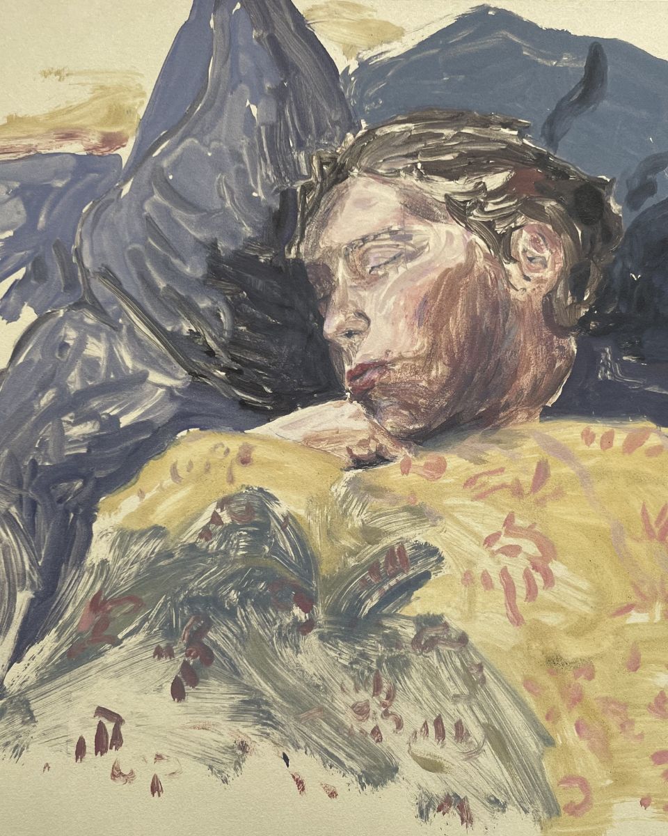 Josephine Birch close-up of a figurative painting depicting a sleeping subject for the In Praise of Home Exhibition at Partnership Editions.