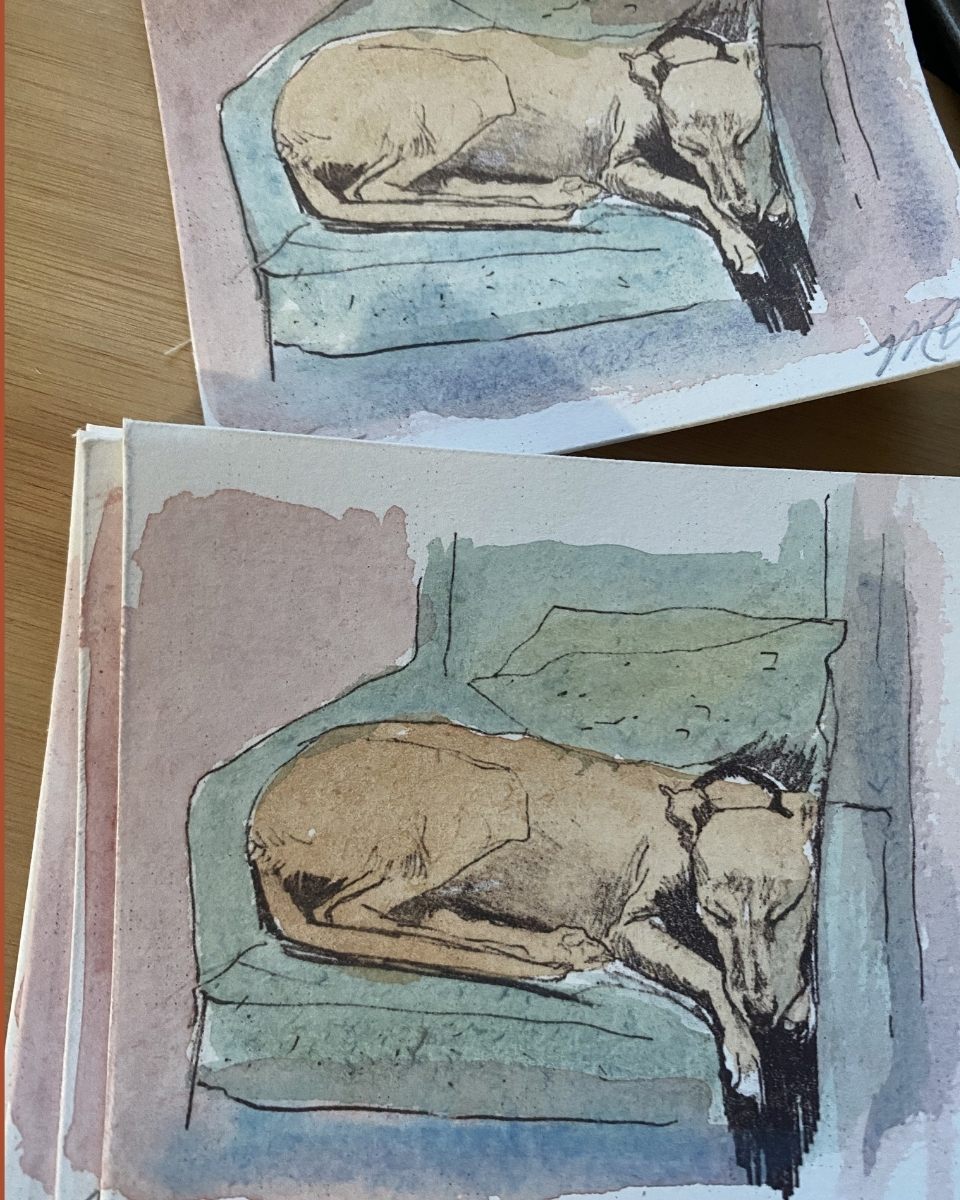 Detail of 'Rainy Day Dog' by Josephine Birch; an evocative watercolour and ink study showcasing fluid brushwork and emotional depth.