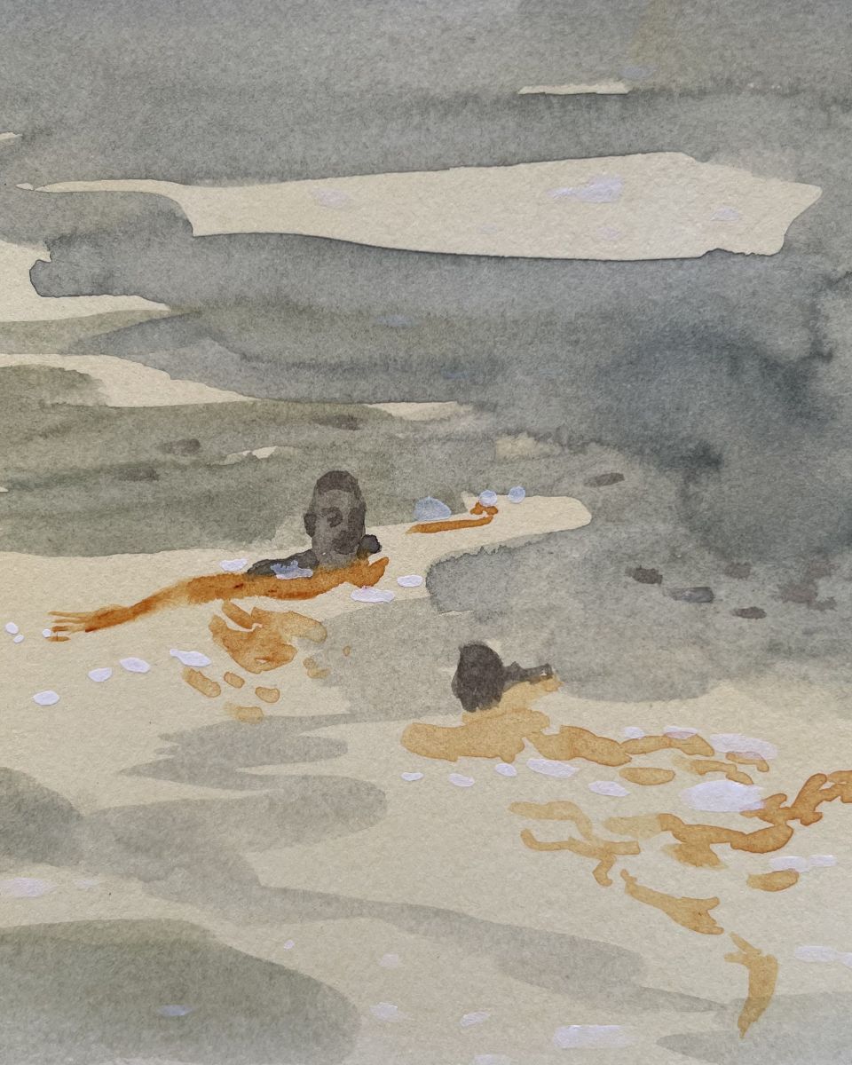 Josephine Birch close-up of a figurative watercolour of two people swimming for the September Drop 2024 at Partnership Editions.