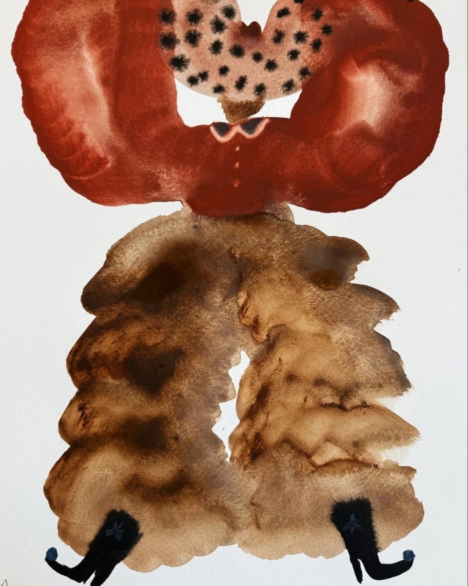 Close-up of a cowboy artwork by Kara Marshall, showcasing her signature 70s-inspired palette and balloon-sleeved silhouettes.