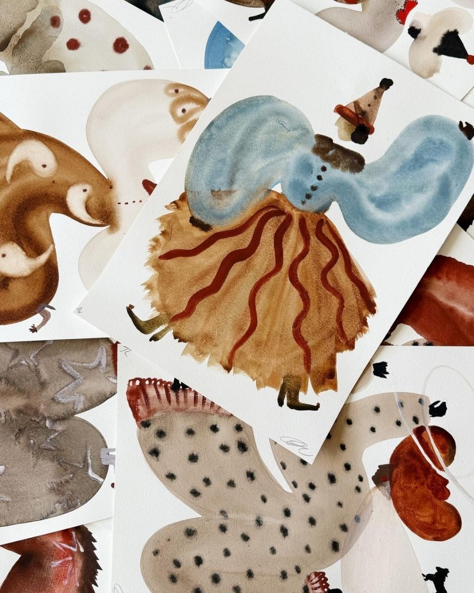 Completed figurative prints by Kara Marshall, featuring layered cowboy and clown motifs for Partnership Editions.