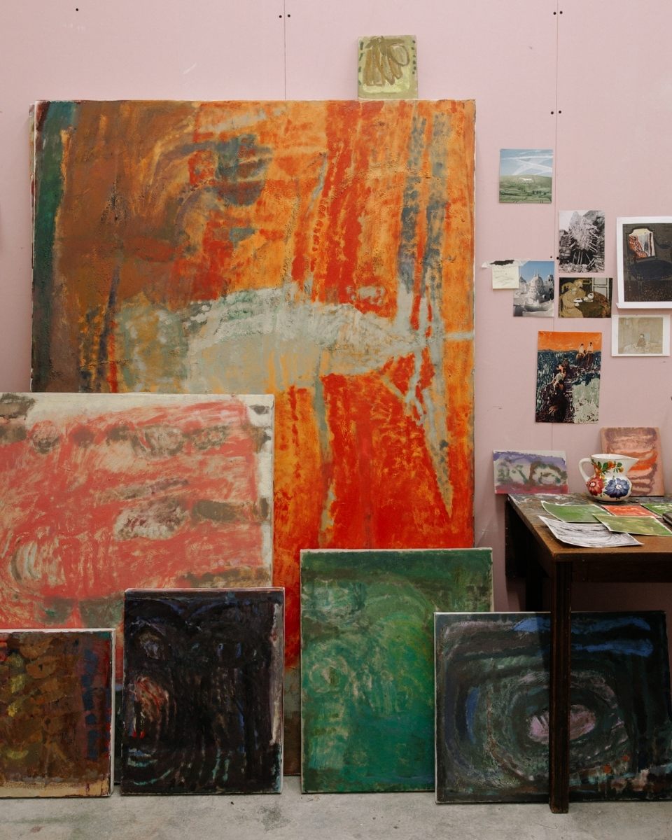 Katarina Lalic’s Hackney studio displaying framed and unframed abstract oil paintings and an inspiration wall.