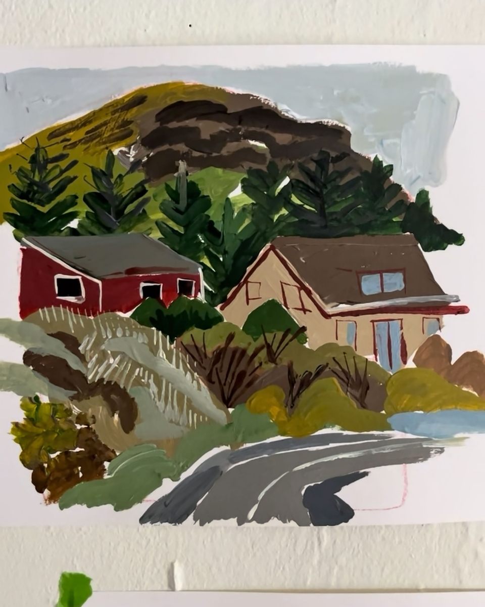 Close-up of Katie Moore's illustrative sketch of houses in nature, used as a guide for her painted ceramics.