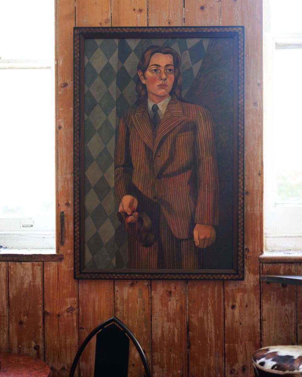 A large-scale expressive oil painting “As I Like It” by Lily Rose Fine displayed in situ at the 'Emblems' exhibition for Partnership Editions at Lant Street Wine.