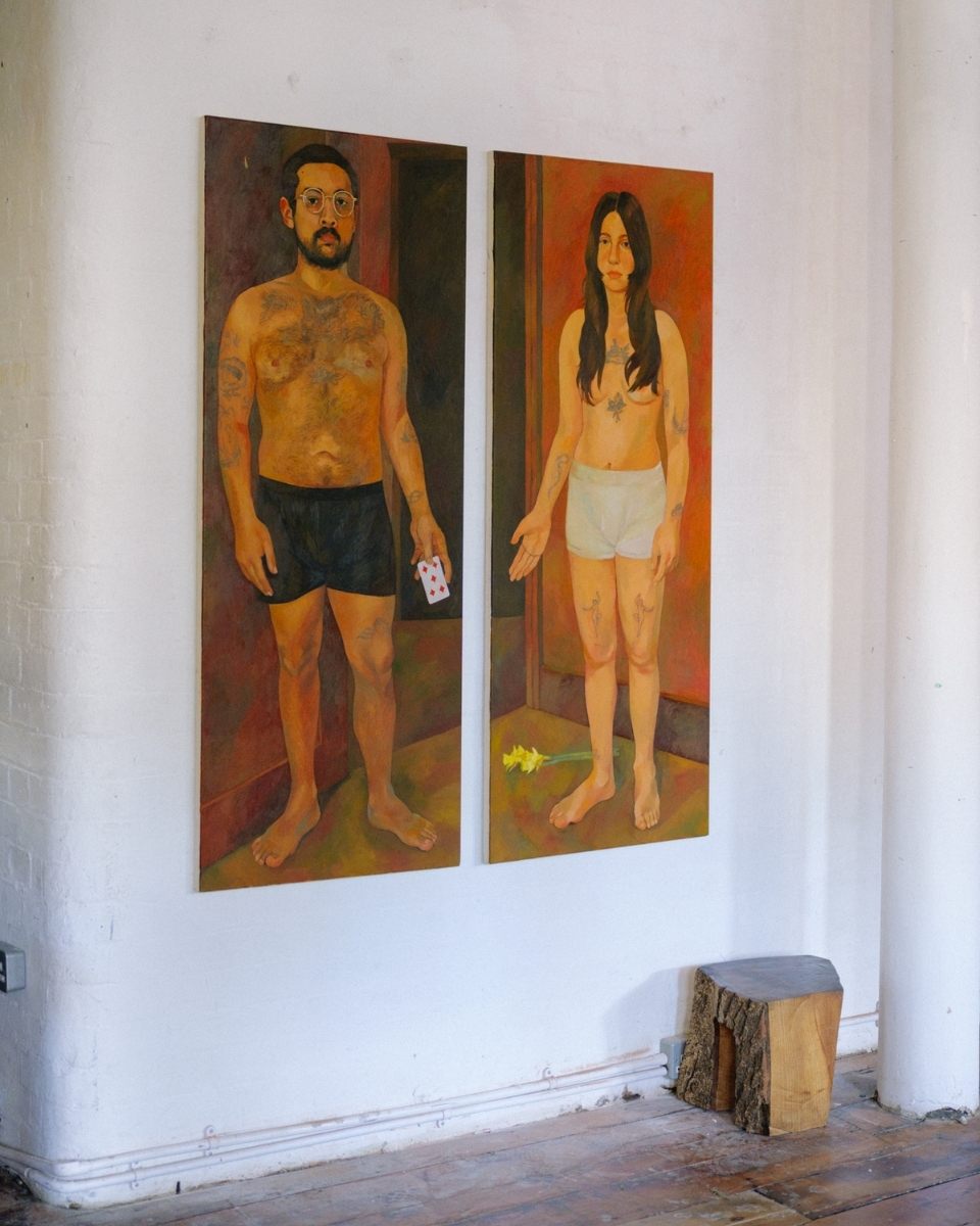 Large-scale figurative paintings by Lily Rose Fine mounted on the walls of the 'Emblems' exhibition for Partnership Editions.