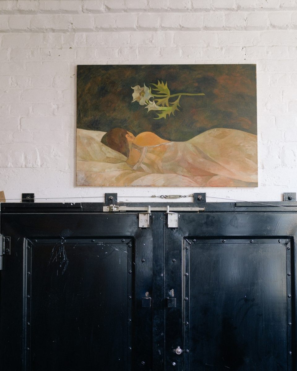 Lily Rose Fine’s expressive oil painting “Moonflower” shown in situ at the 'Emblems' exhibition at Lant Street Wine.