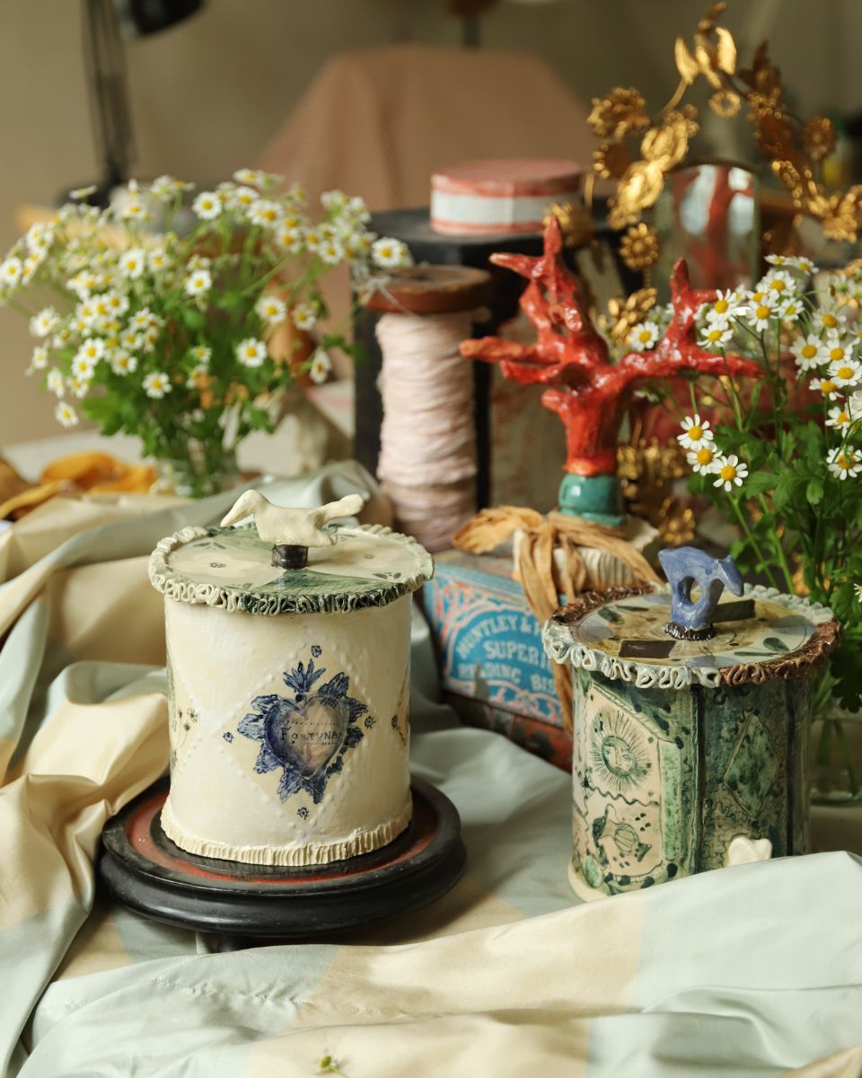 Collection of ceramics in Lisa Sandner’s studio for her On Believing launch at Partnership Editions.