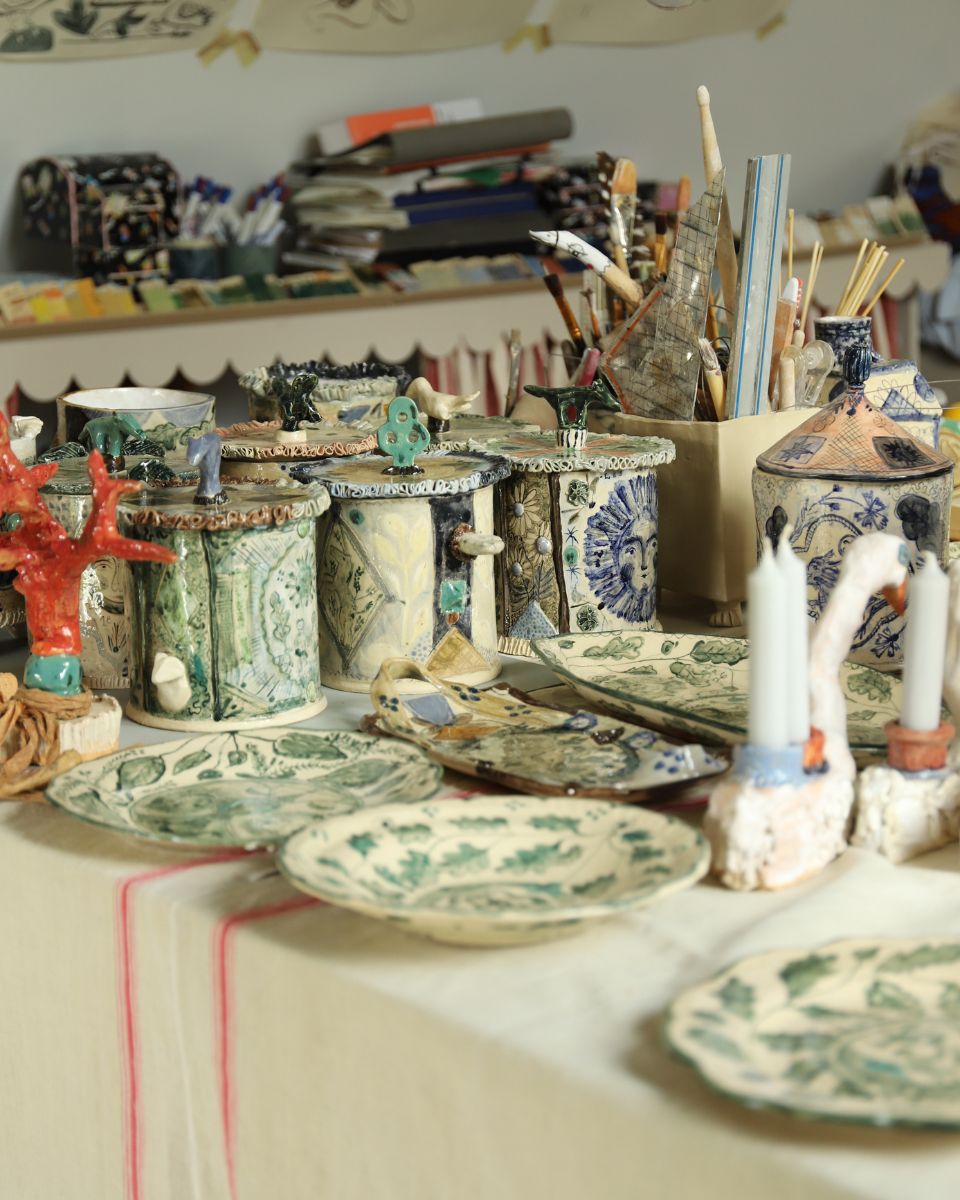 Final ceramic artworks in situ at Lisa Sandner’s studio for her Tarot-inspired On Believing Collection at Partnership Editions.