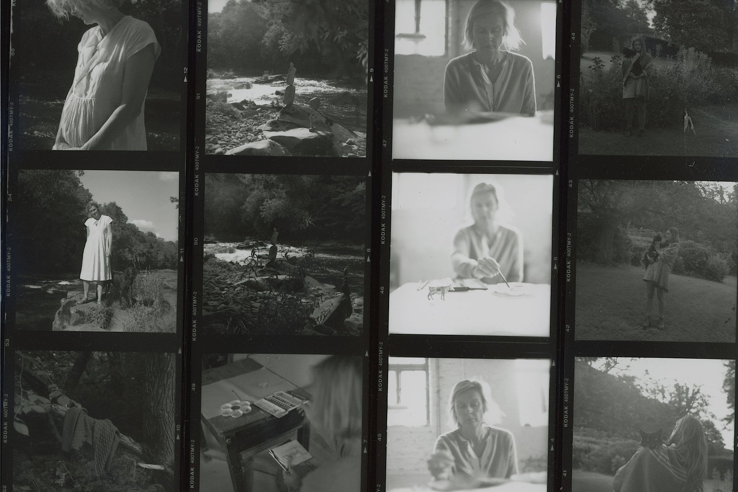 A black and white film photography contact sheet by artist Lottie Hampson, featuring intimate studio portraits, outdoor landscapes, and analogue film borders.