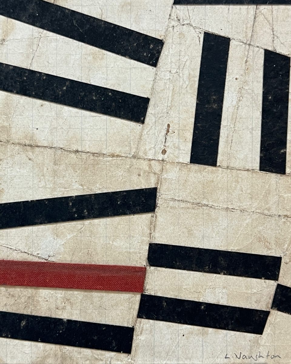 Macro detail of a Lucy Naughton black and white striped artwork, highlighting the precision of her linear forms and textural contrast.