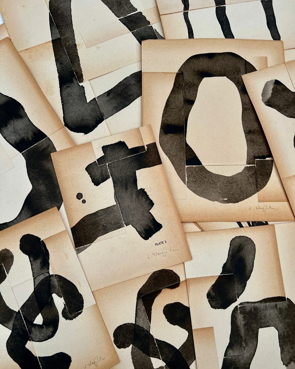 Abstract typographic-style artworks by Lucy Naughton, showcasing layered geometric compositions and graphic rhythms in her studio.