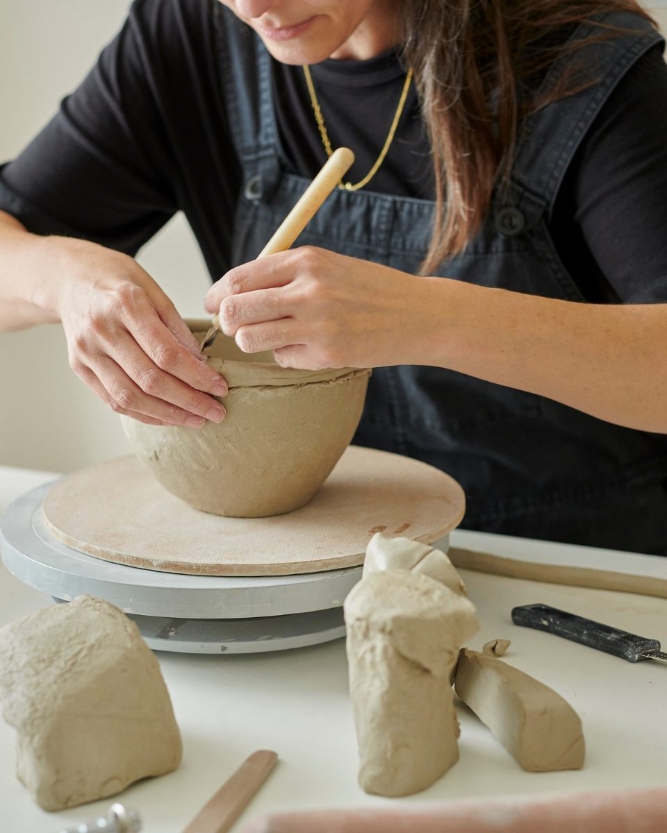 Close-up of Lucy Whitford's hand carefully carving a raw clay stoneware vase inside her studio.