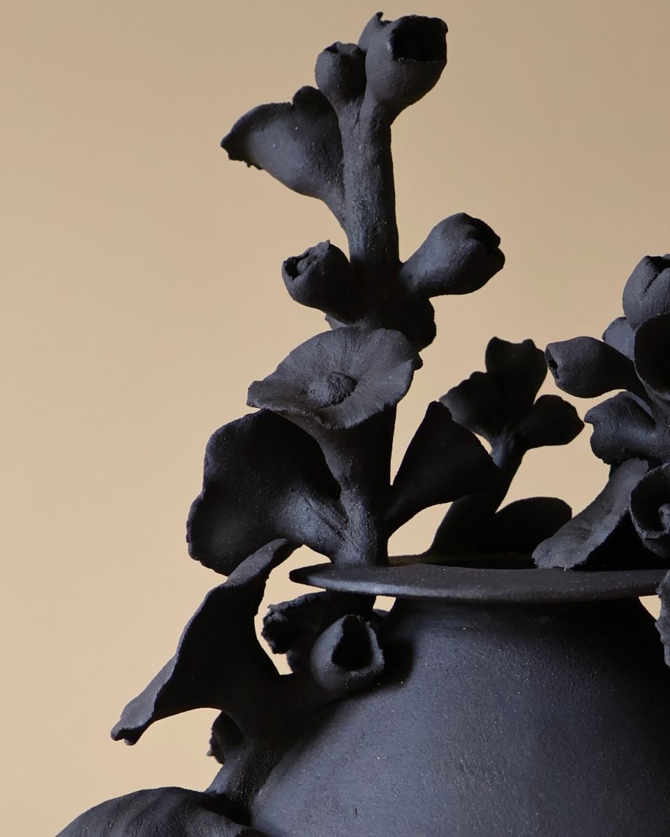 Lucy Whitford hand-built black clay floral vase for the November Drop 2024 at Partnership Editions.