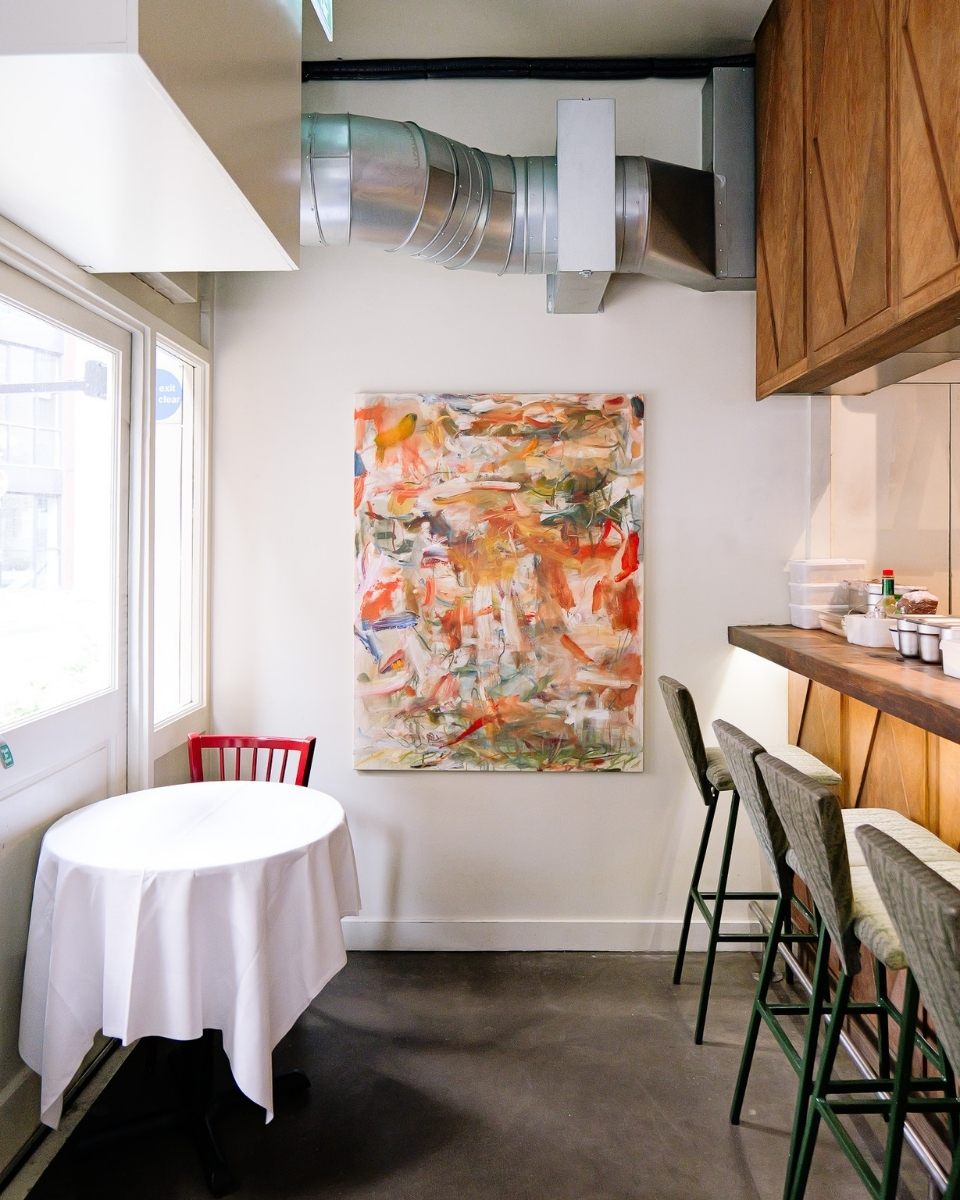 Maarten van den Bos’ gestural oil painting mounted in the dining room of Bistro Freddie for the Partnership Editions 2024 Open Call.