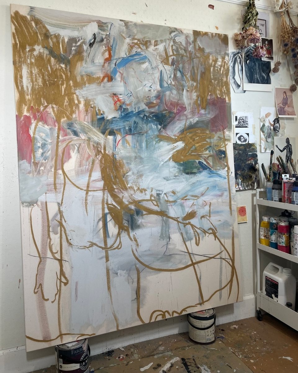 A wide-shot of Maarten van den Bos’ studio featuring a large-scale expressive painting as a work in progress for Partnership Editions. 
