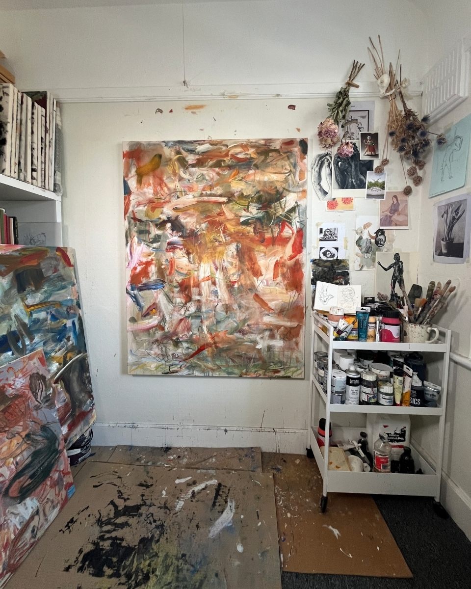 The artist’s environment of Maarten van den Bos, showing a large-scale canvas amongst industrial studio tools and creative ephemera.