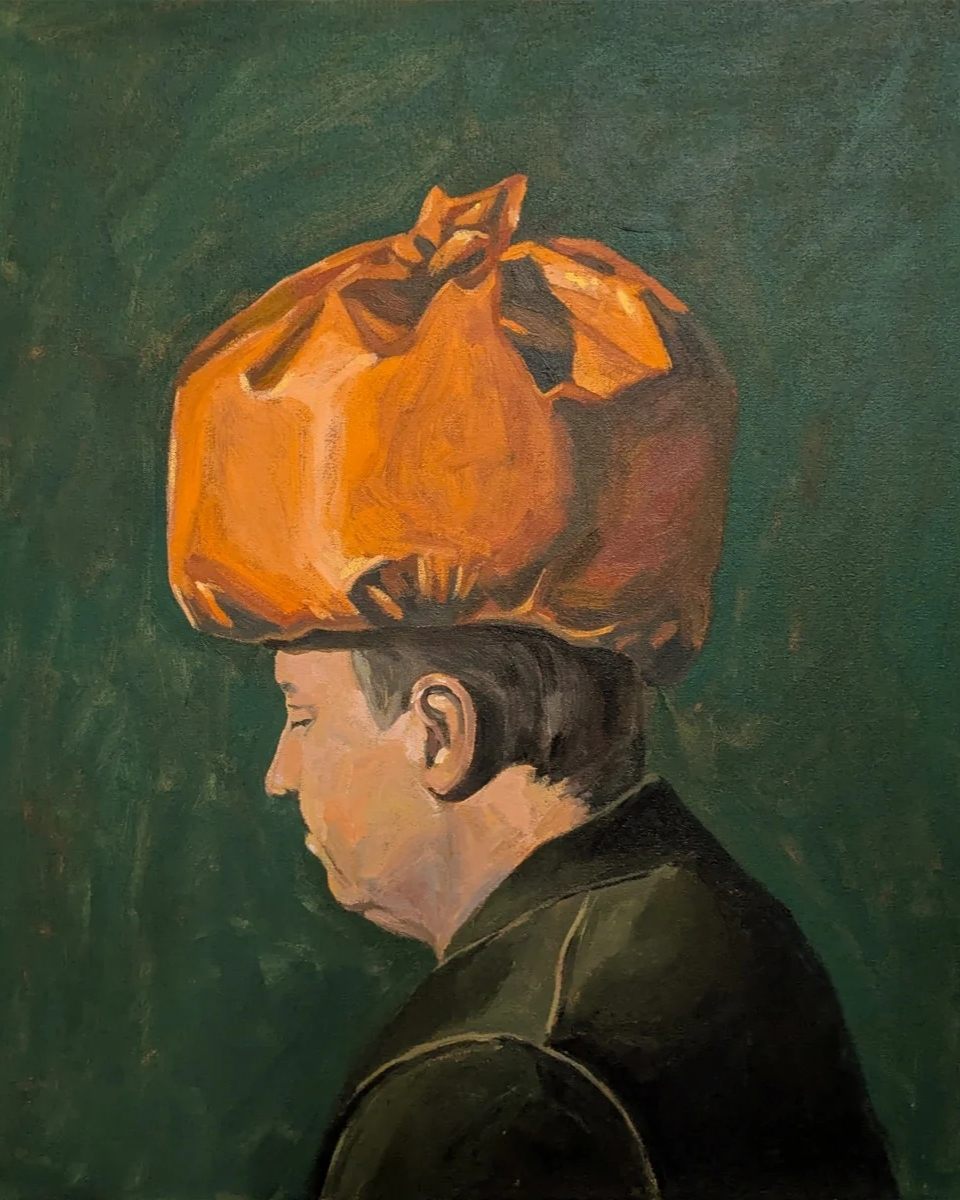 Close-up of 'Profile in Olive and Orange' by Mamie Young; an intimate study of form and light using her signature inflatable-inspired motifs.