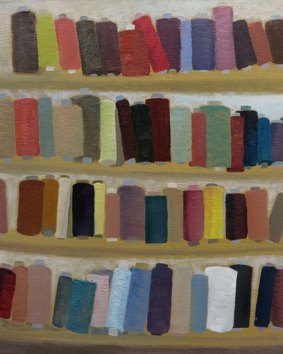 Carousel image of 'Threads' by Mandy Hudson; an intricate still life study of linear patterns and textural complexity.