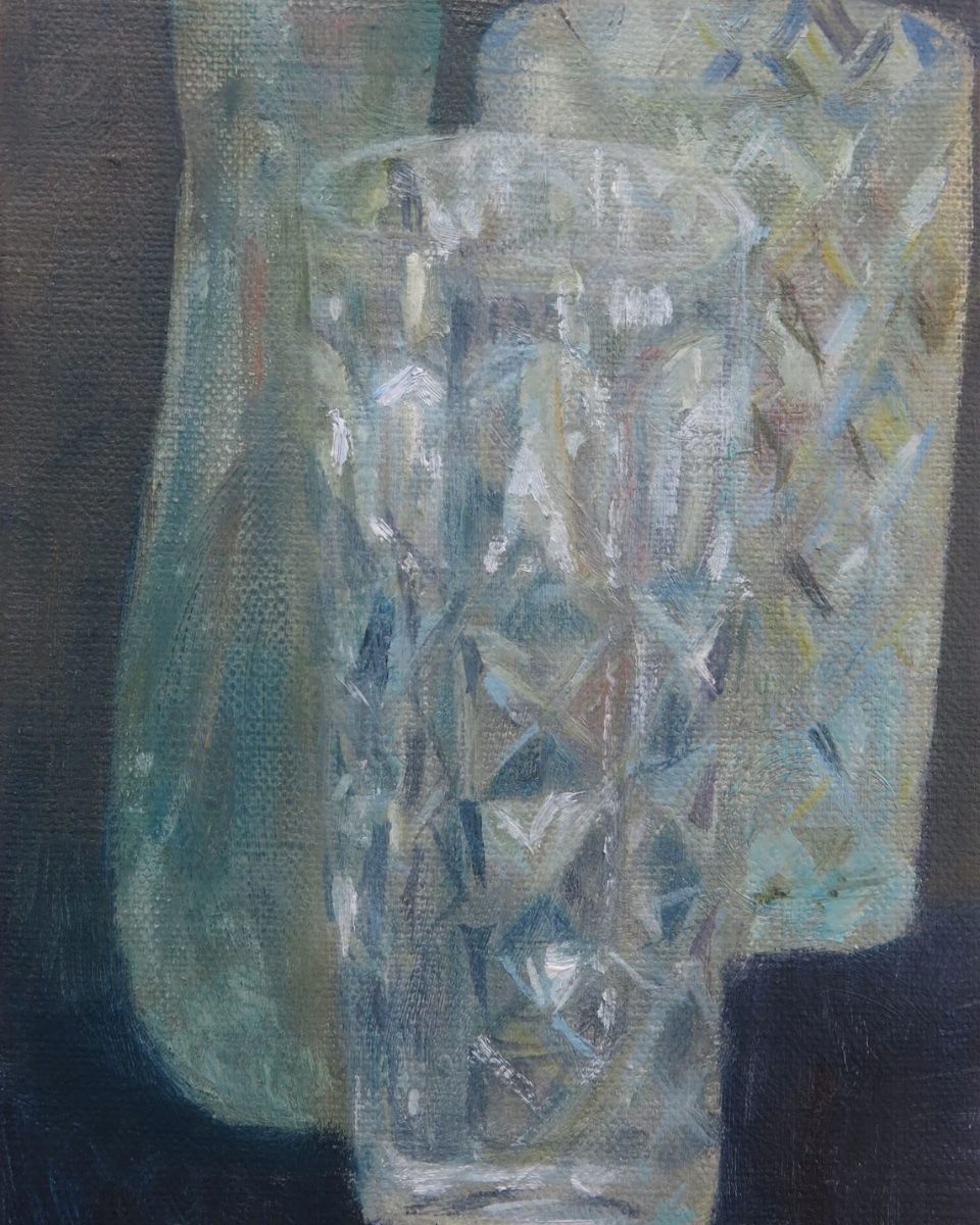 Carousel image of 'Three Vases' by Mandy Hudson; a minimalist oil painting exploring light, shadow, and domestic geometry.