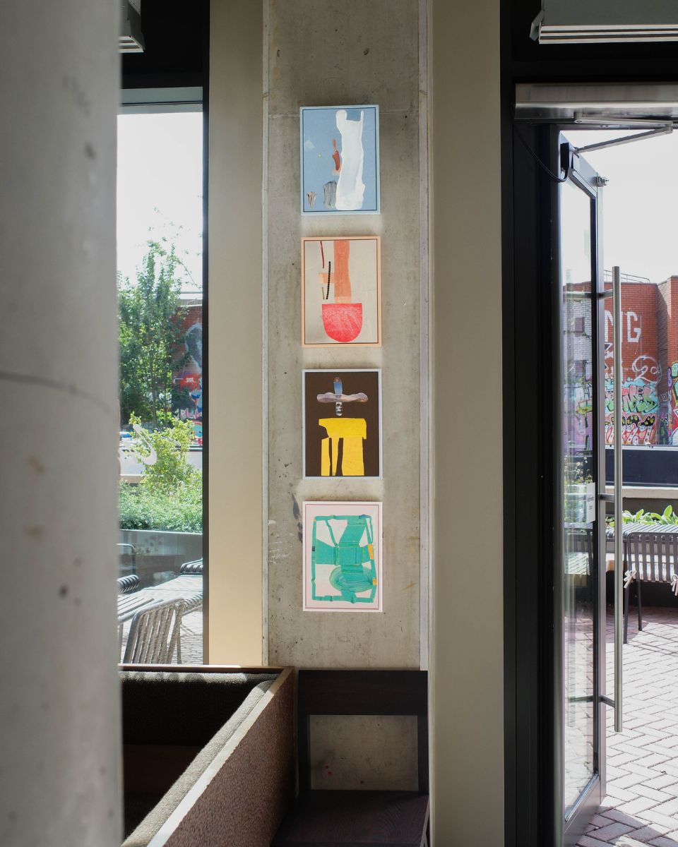 Matthew Richardson mixed media collage artworks in situ at Canal for the Layered Exhibition at Partnership Editions.