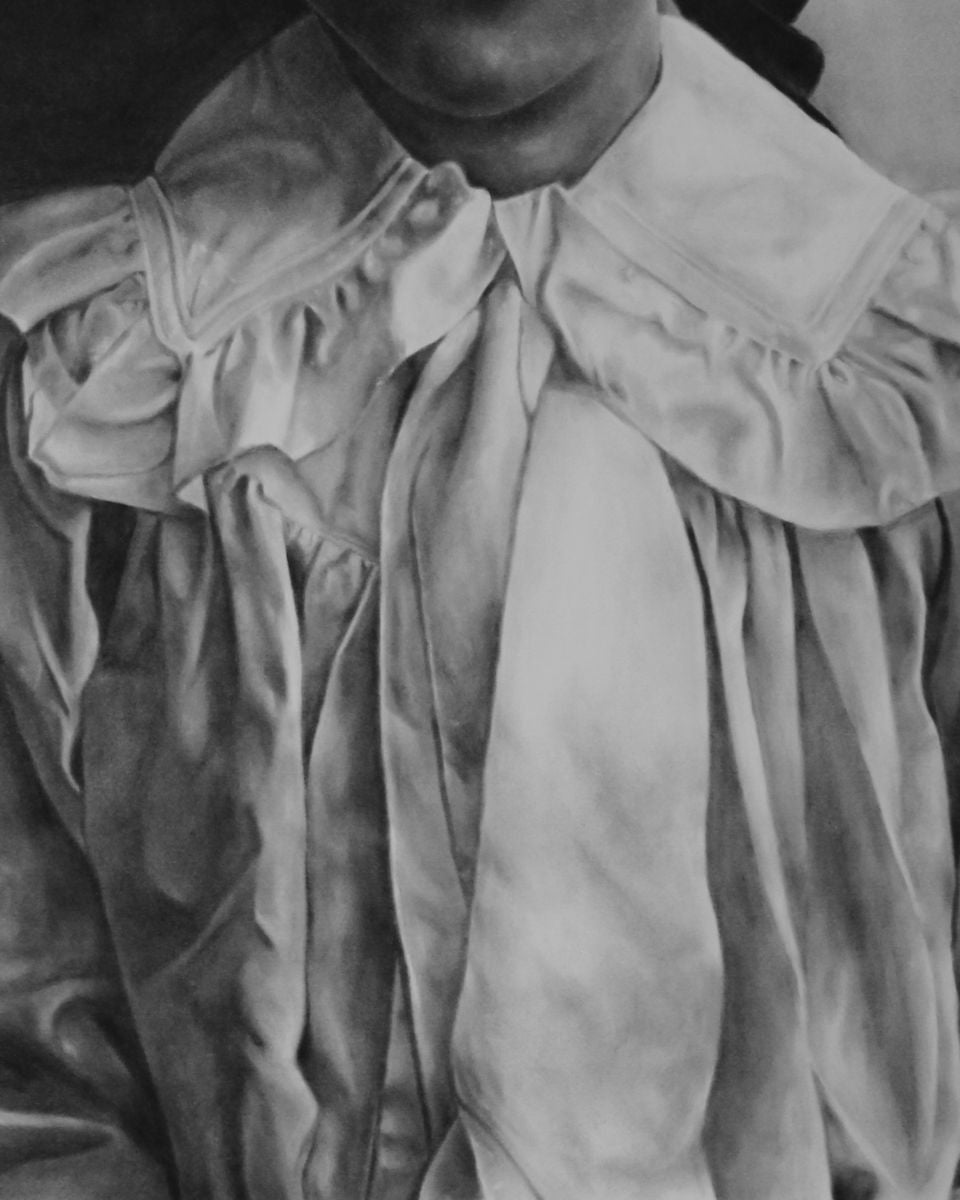 “Miss Hatfield,” a delicate, monochromatic pan pastel on paper portrait drawing by Jo Dumpleton.