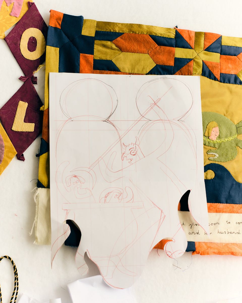 Detailed process shot of colourful pencil sketch and design blueprint by artist Molly Lester.