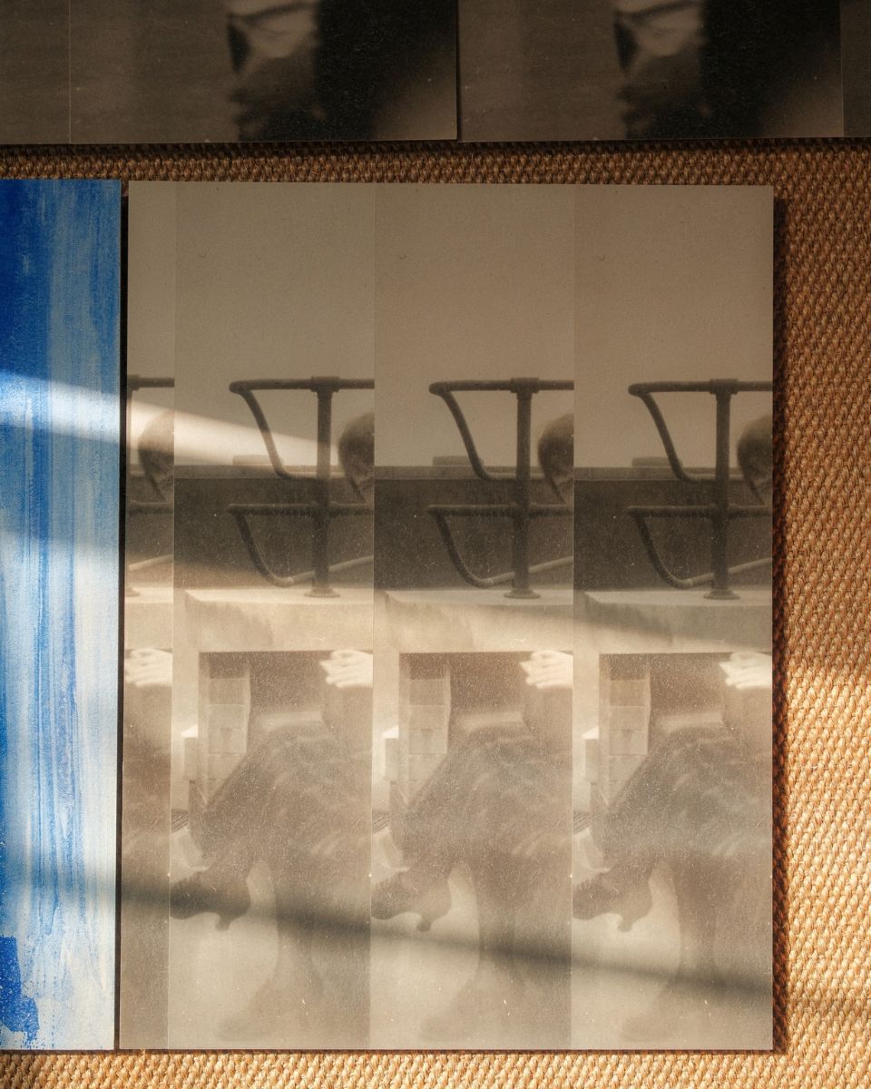 Photography exposure test strip displaying tonal gradations of an architectural image on textured paper.