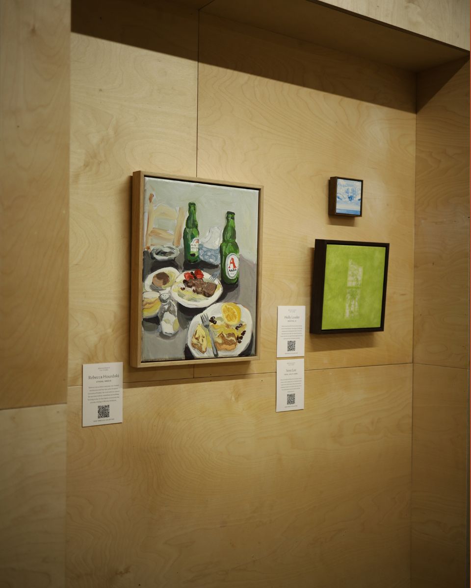 Framed and mounted paintings by Rebecca Hourdaki, Holly Loader, and Soru Lee for the 2022 Open Call Winners at Partnership Editions.