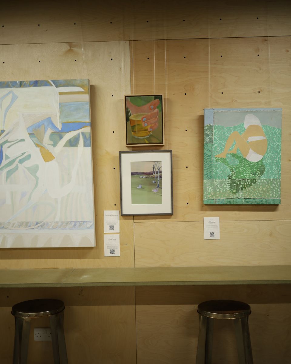 Mounted contemporary paintings by Brendan Lancaster, Ifada Nisa, and Ali Bassett for the 2022 Open Call Winners launch.