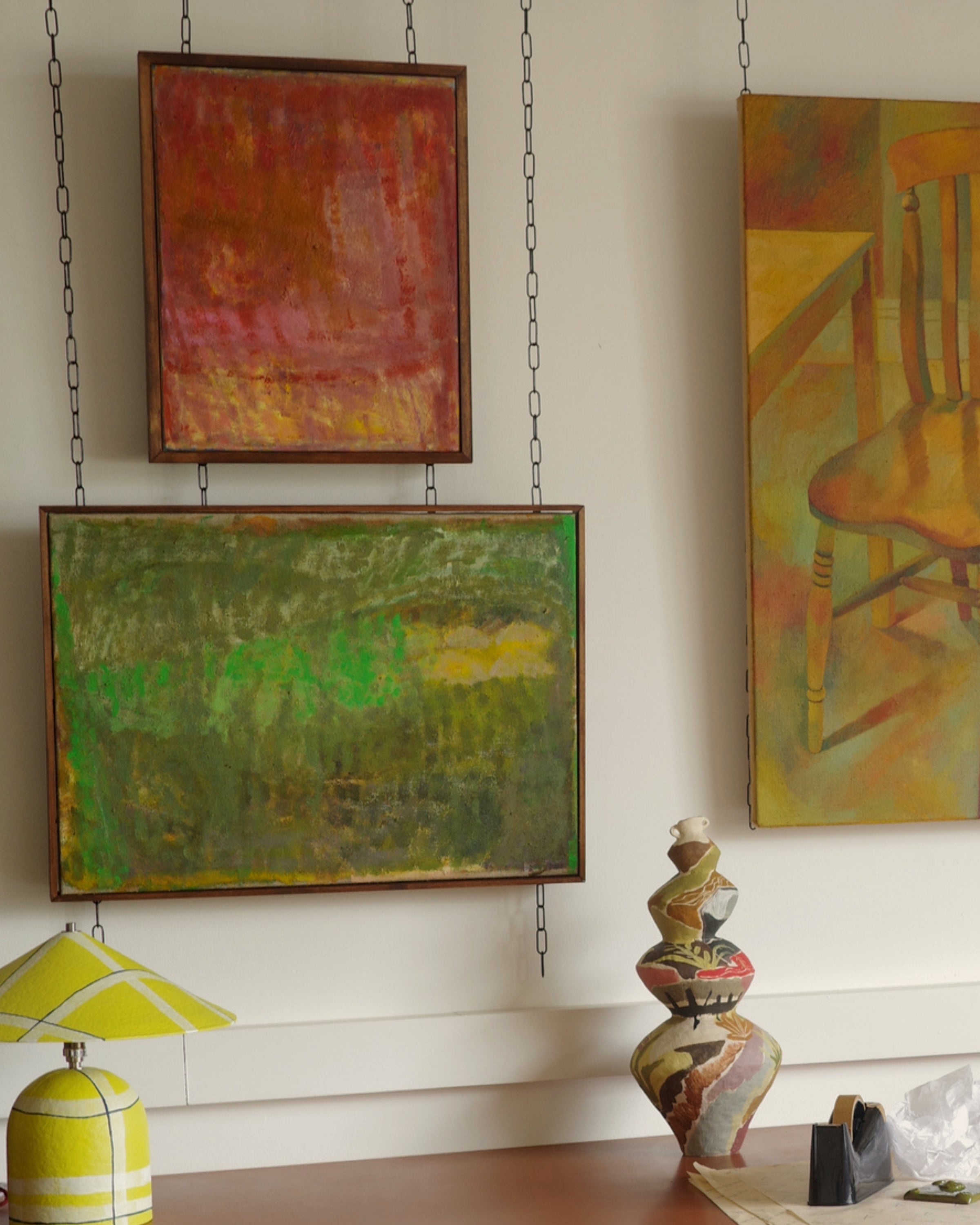 Artwork in a tray frames styled within the studio setting, featured in the Framing section of Partnership Editions.
