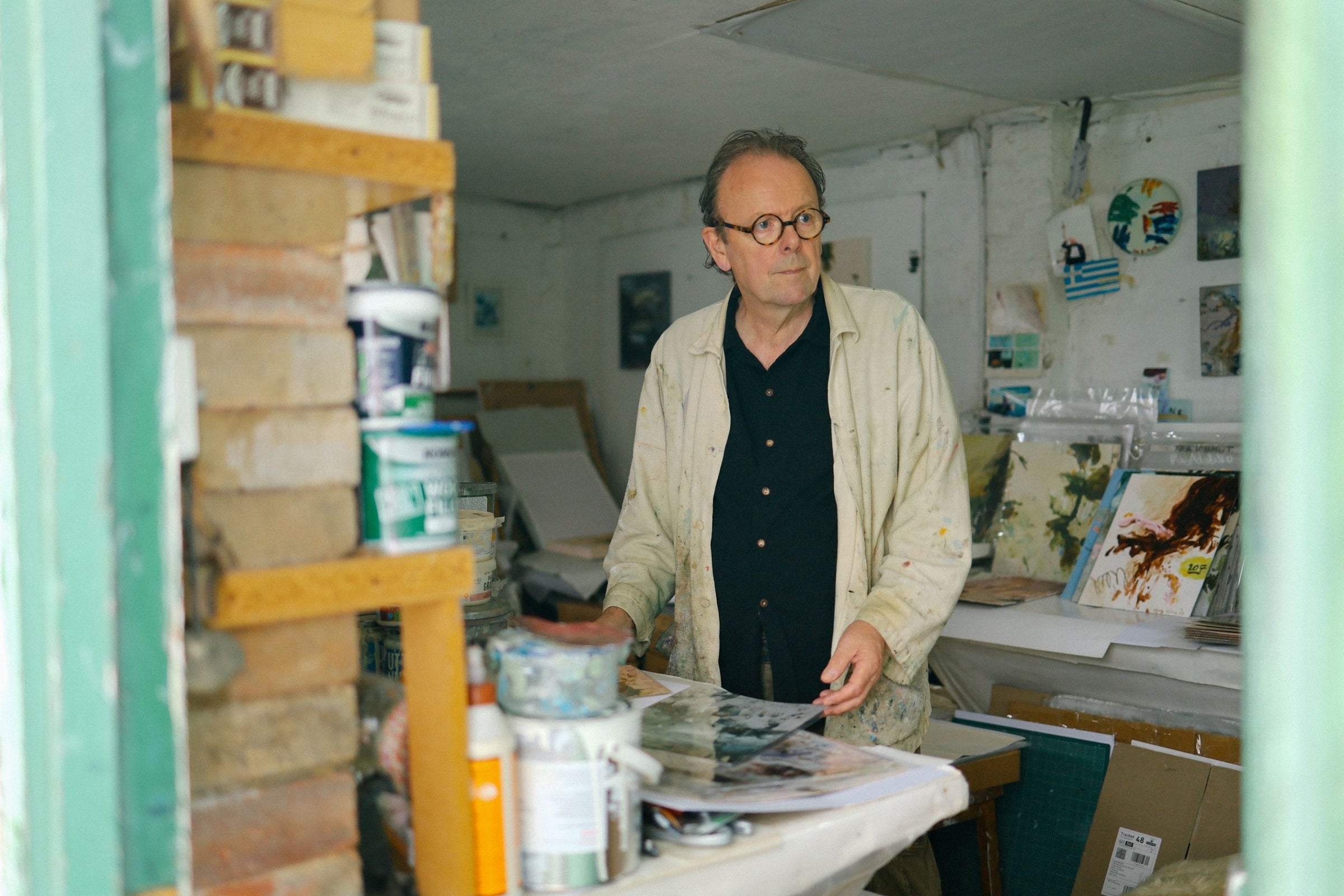 Main banner for Philip Maltman, artist allowing paint to dictate form, complemented by drawing and handwritten text for Partnership Editions.
