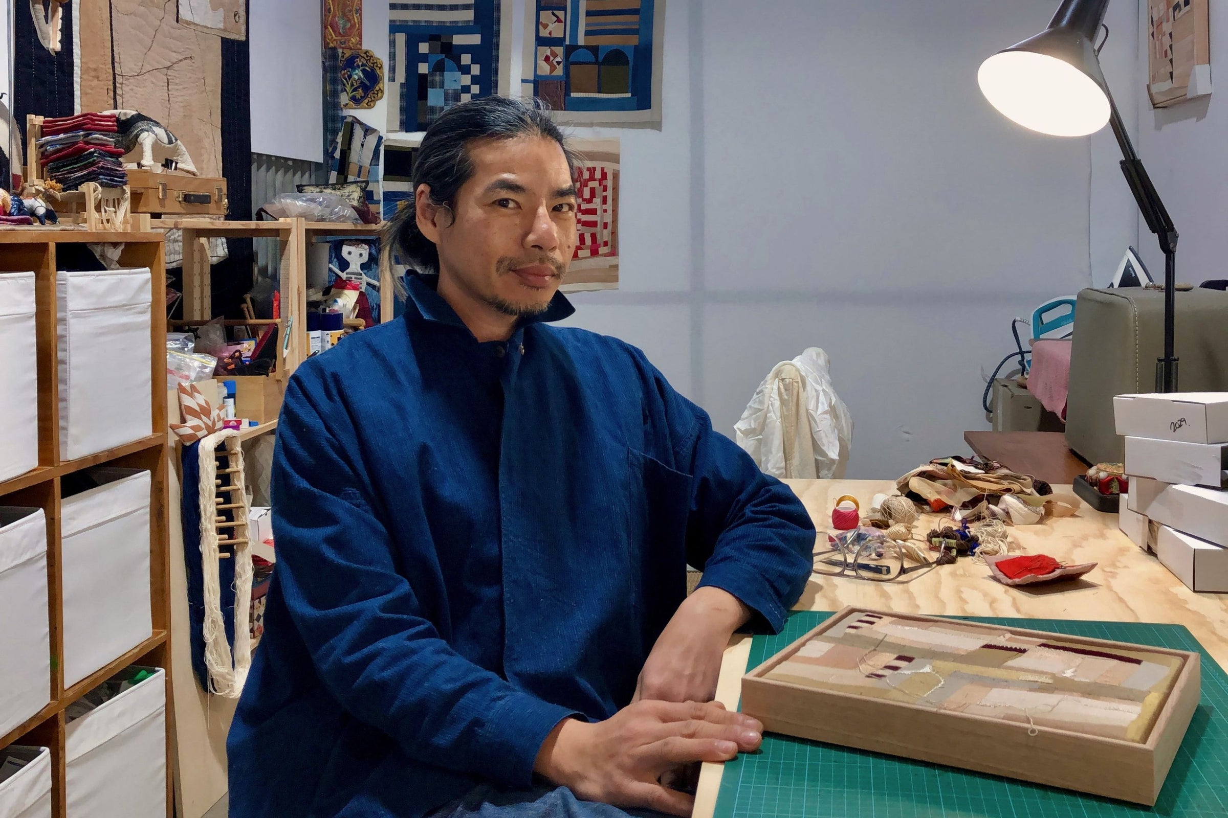 Main banner for Phong Chi Lai of Studio PCL, artist specializing in contemporary quilts and soft sculptures through improv patchwork for Partnership Editions.