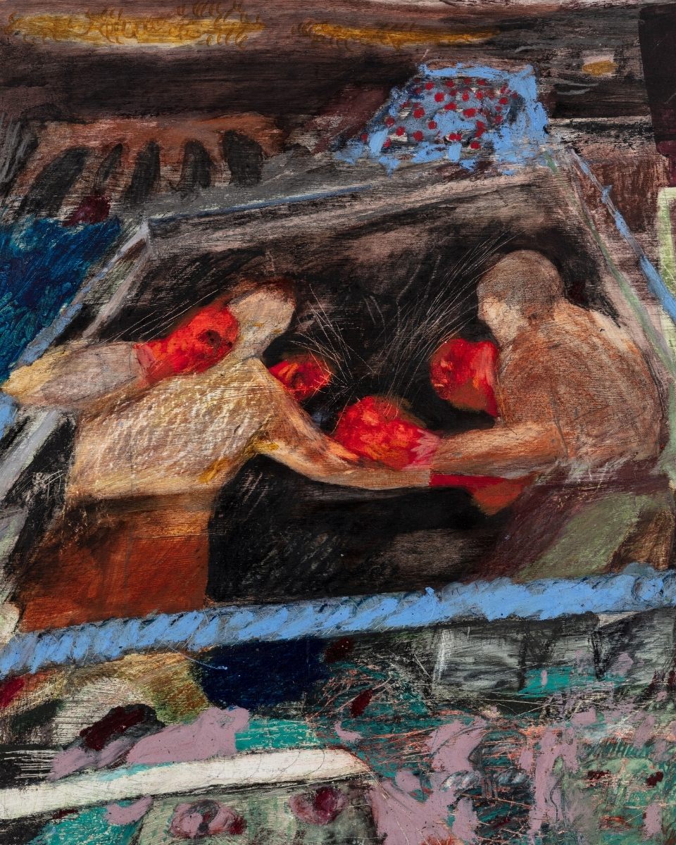 Carousel image of an original Rebecca Ashton painting for Partnership Editions, showcasing her signature narrative style and vibrant colour use.
