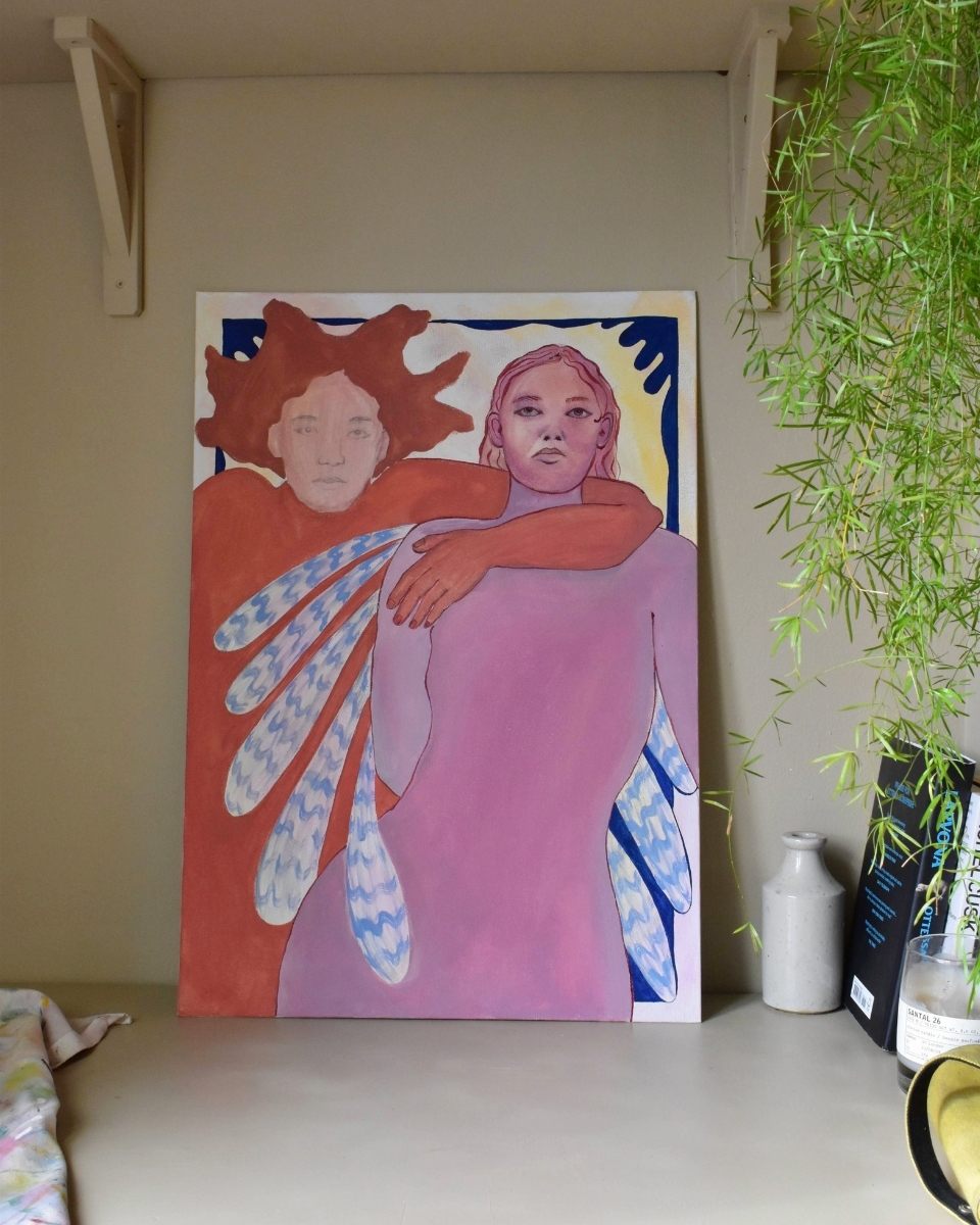 An unframed original work on paper by Rebecca Sammon resting on a studio shelf.