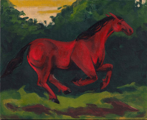 Red horse in a green landscape