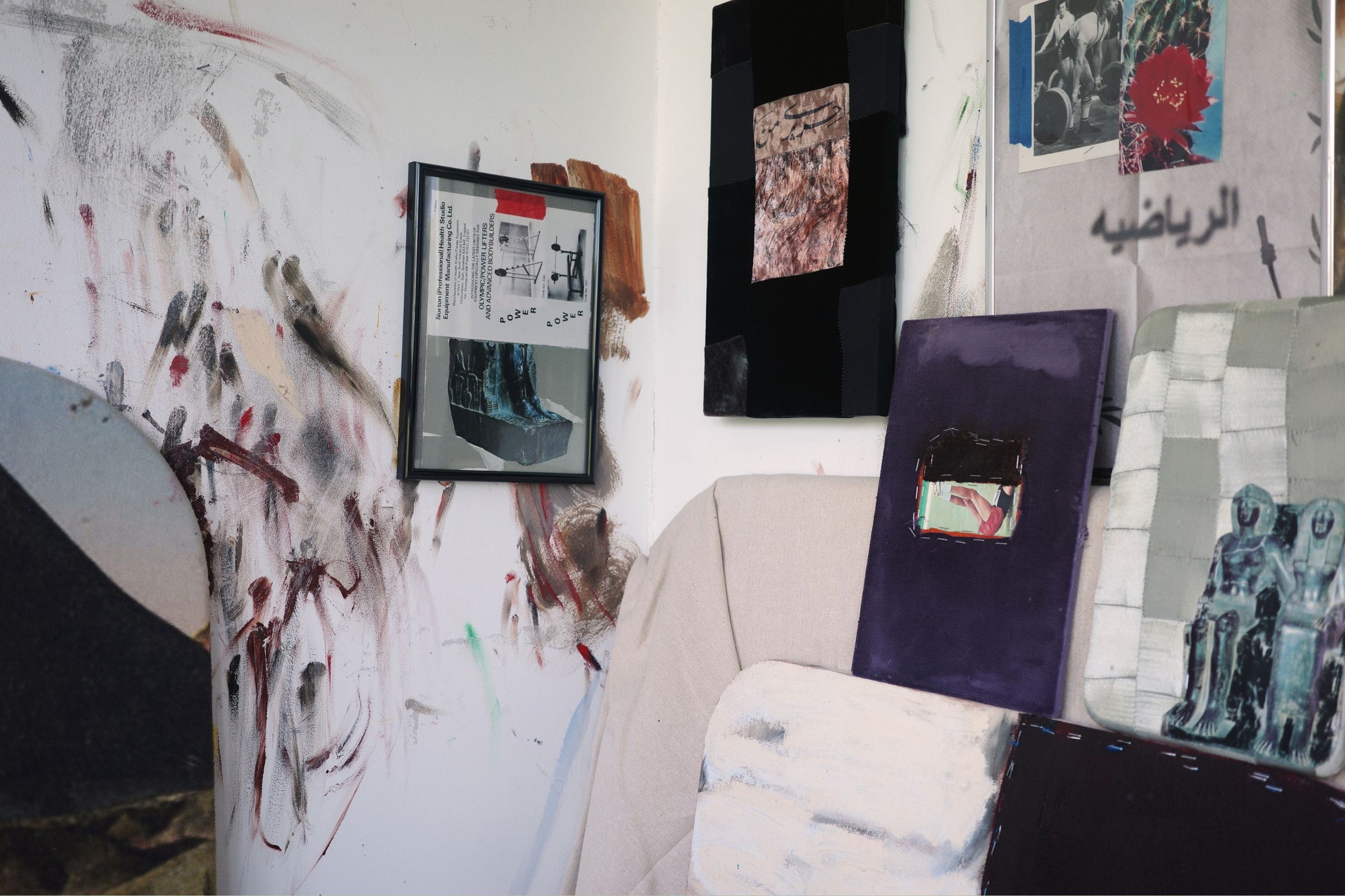 Main banner featuring contemporary framed and unframed mixed-media paintings with fabric off-cuts by Ruba Nadar for Partnership Editions.