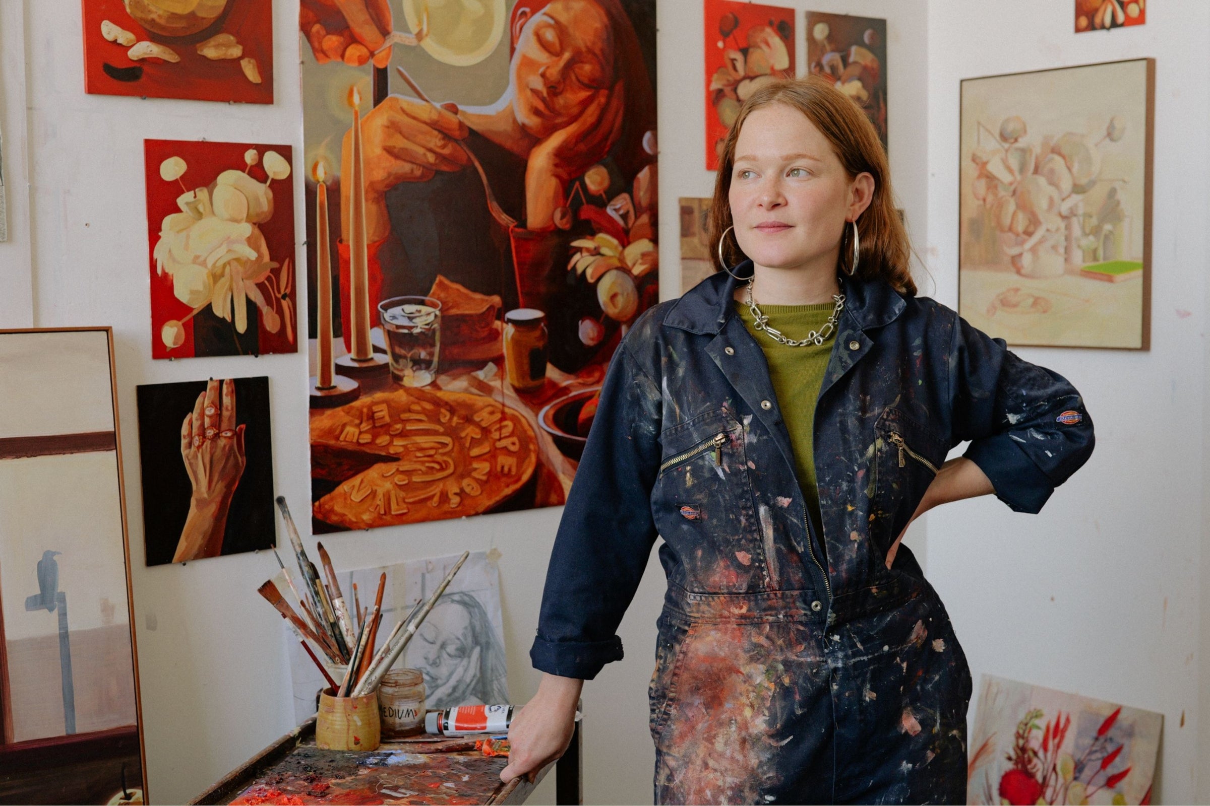 Main banner for Sophie Glover, artist using bodily and vibrant colours for symbolic still lives and portraits exploring love and longing for Partnership Editions.