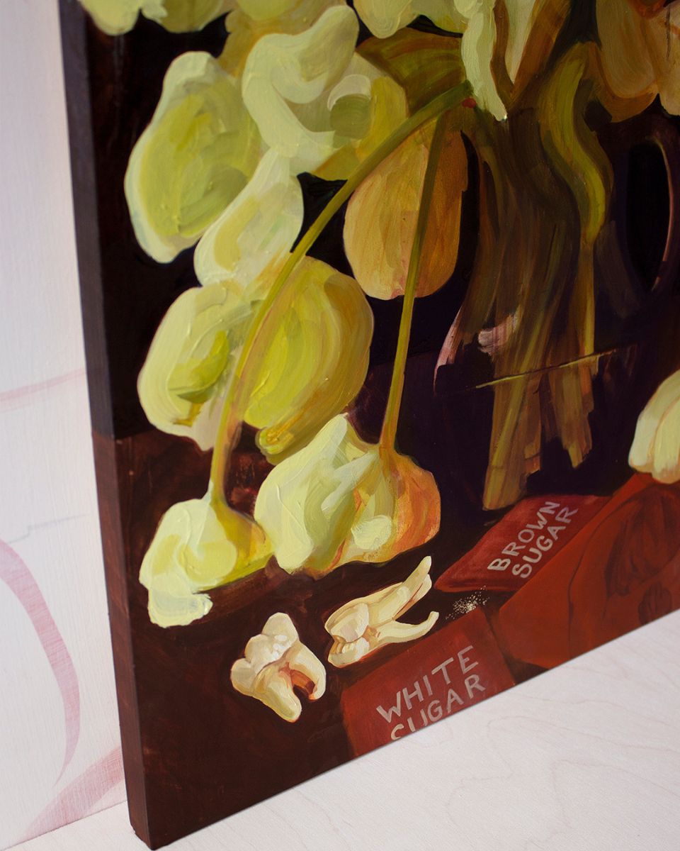 Close-up detail of Sophie Glover’s “Rest a While Before Passing Through” oil painting.