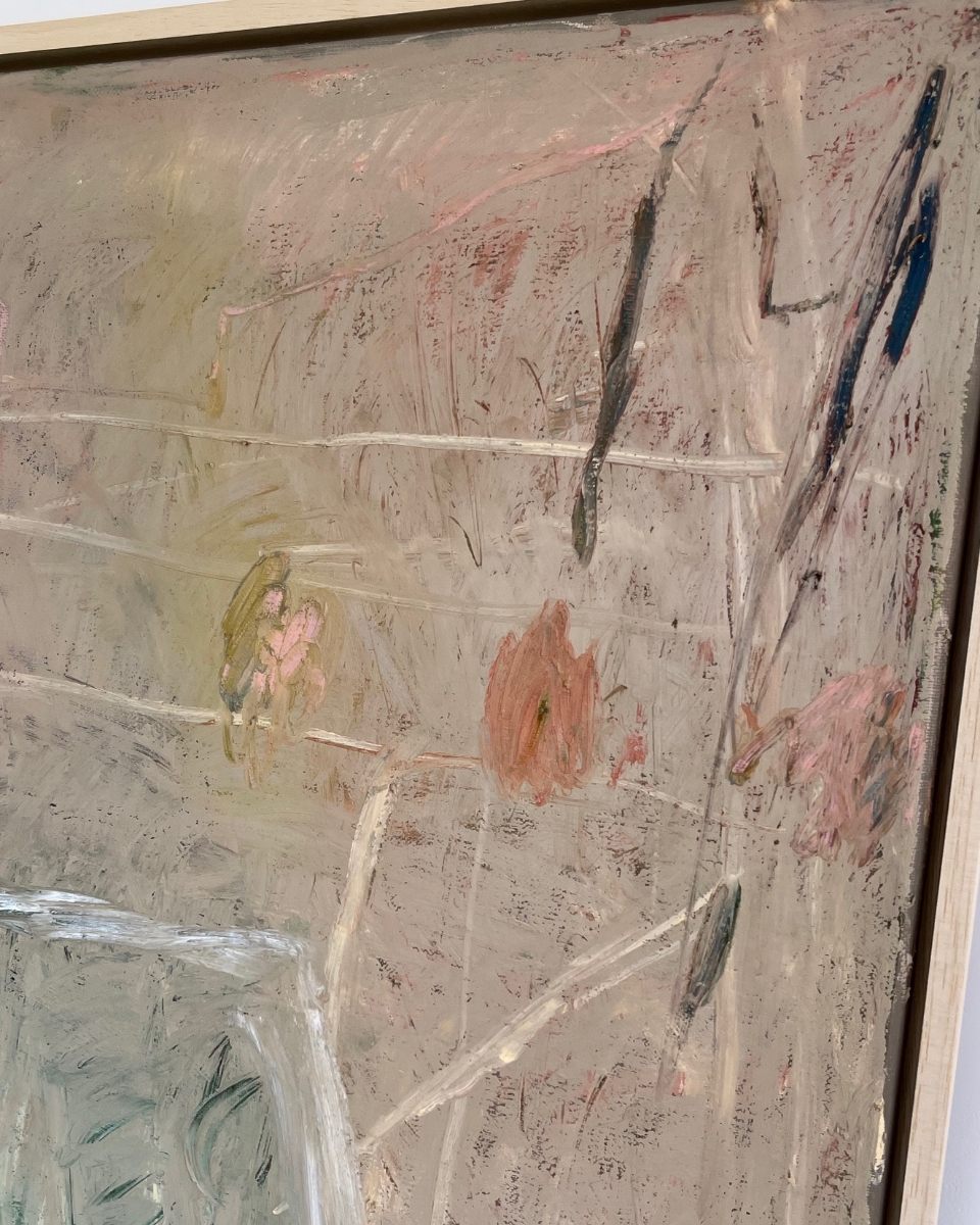 Detailed close-up of an abstract airbrushed oil landscape painting by artist Sophie Victoria Edwards.
