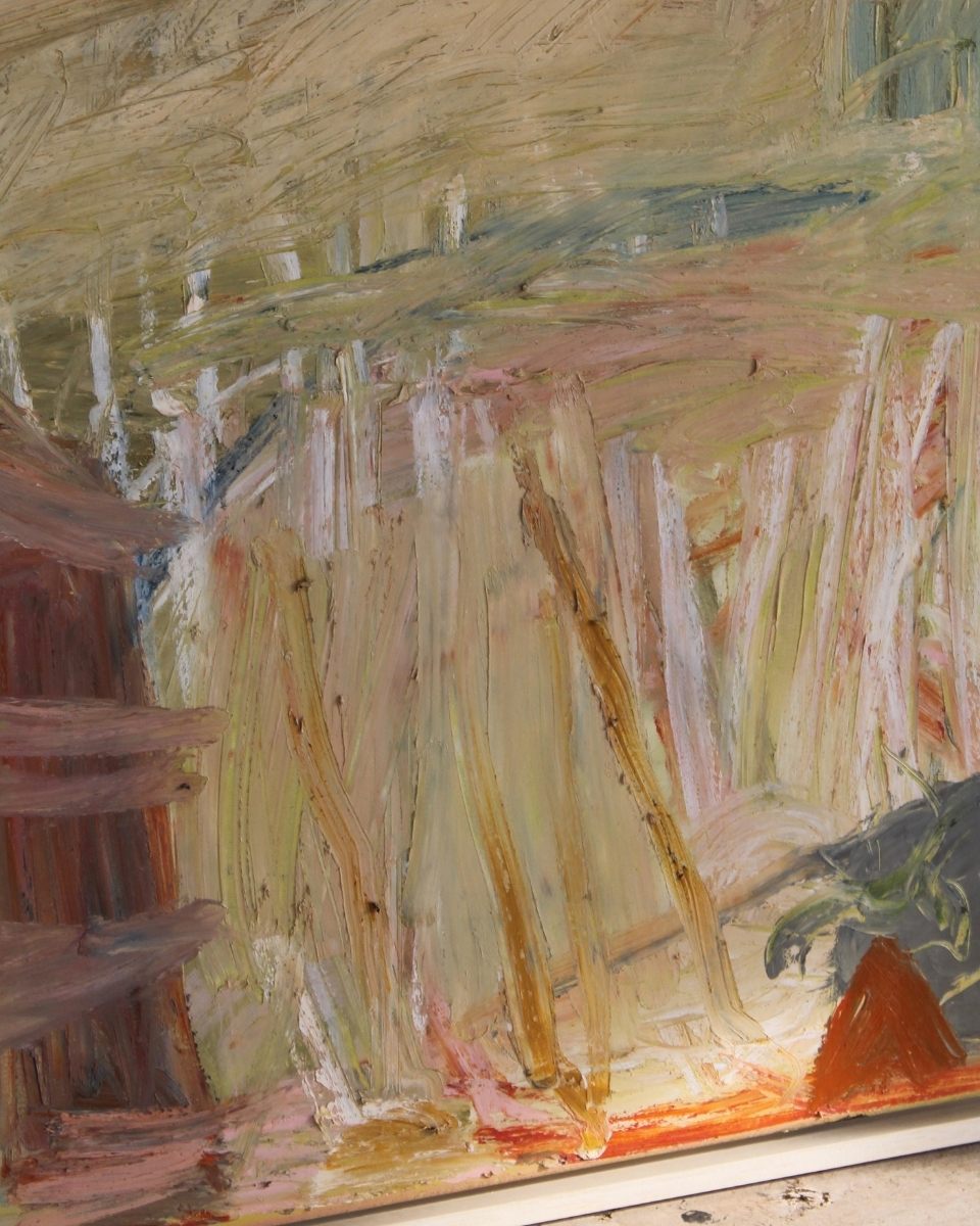 Close-up of a Sophie Victoria Edwards abstract painting, showcasing her signature gestural brushstrokes and rich, layers.