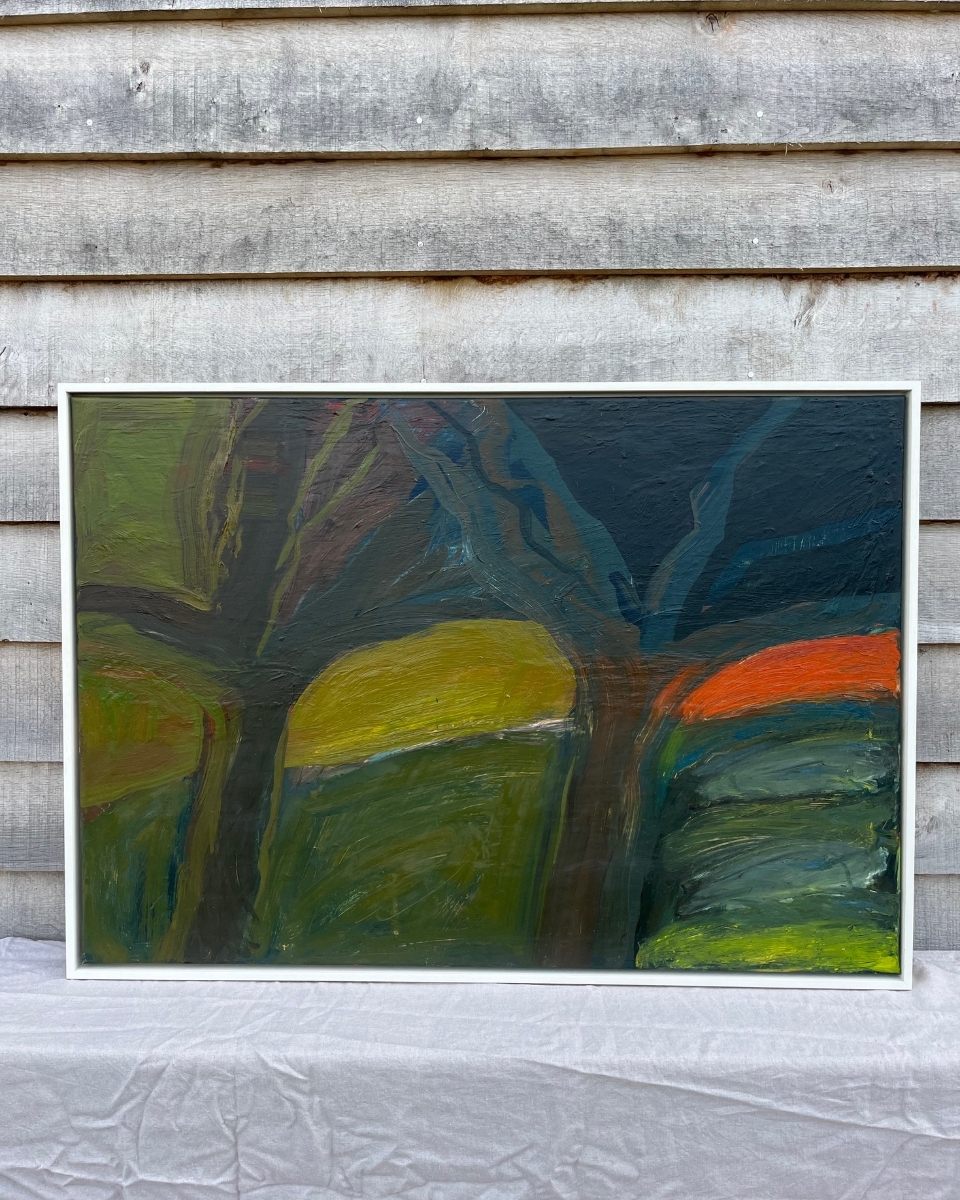 Sophie Victoria Edwards trees painting leaning outdoors against her Suffolk studio.