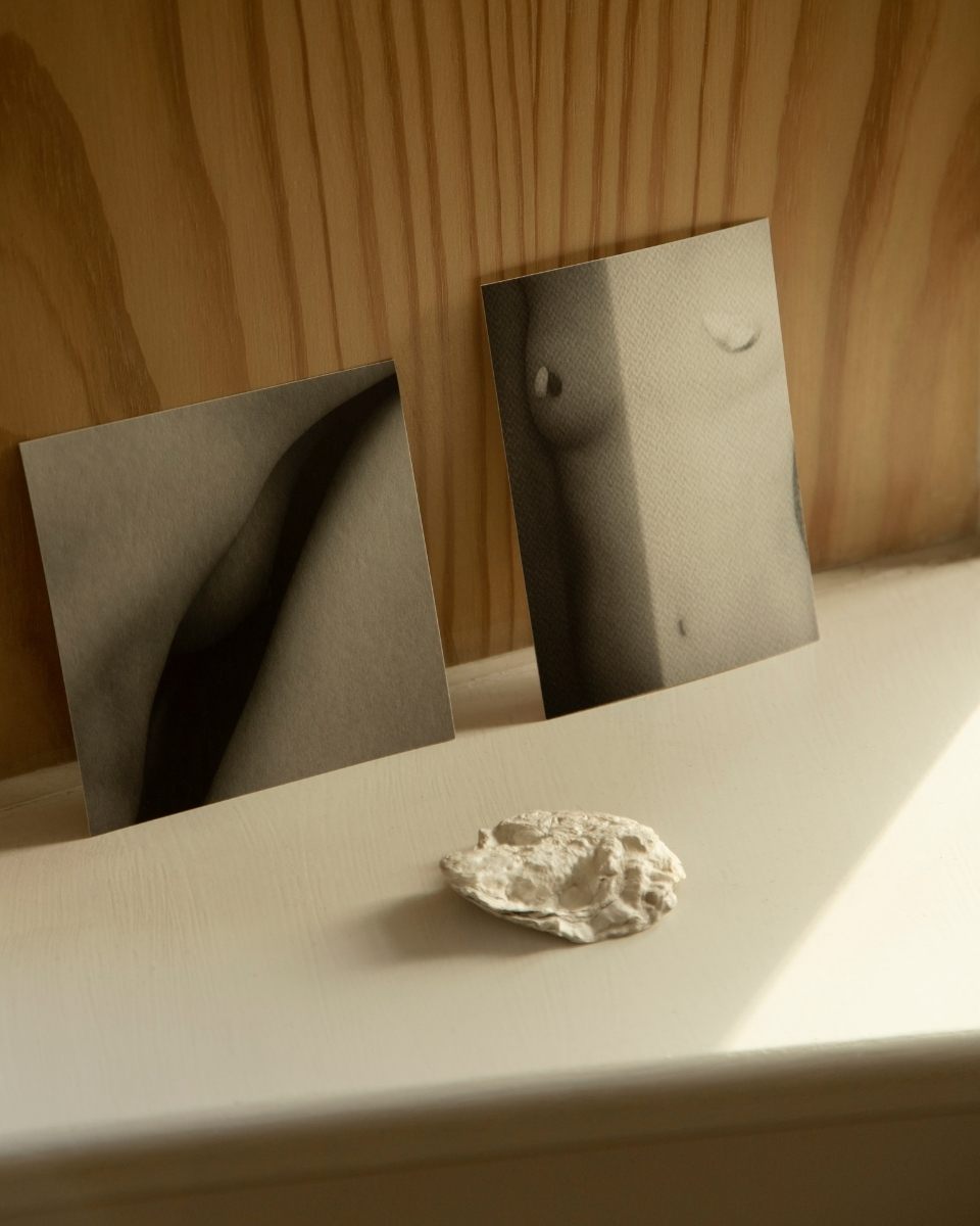 Two small-scale black and white intimate prints by Thea Løvstad leaning against a wooden wall, styled with a decorative shell.