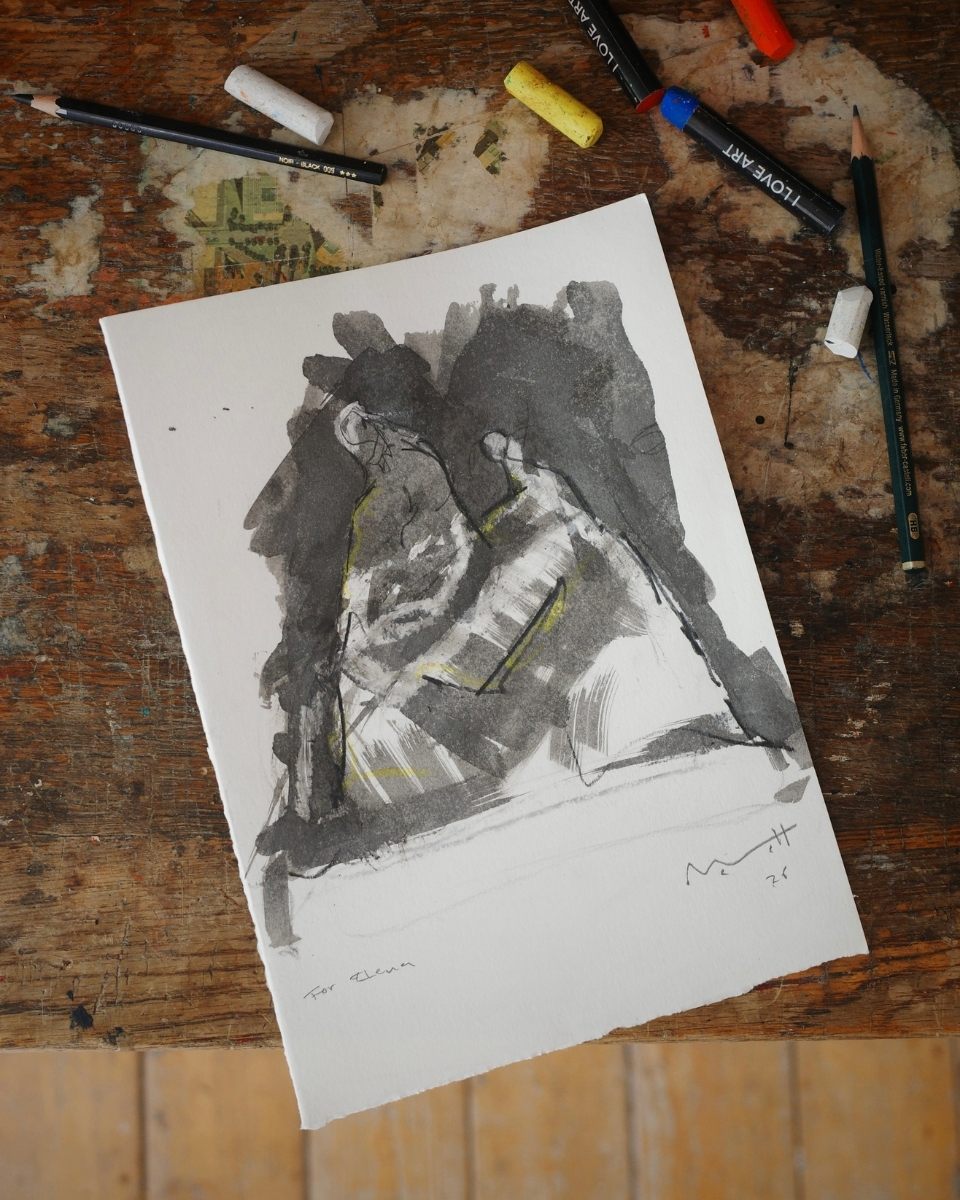Close-up detail of a delicate watercolour and pencil figurative sketch by Thomas Merrett.